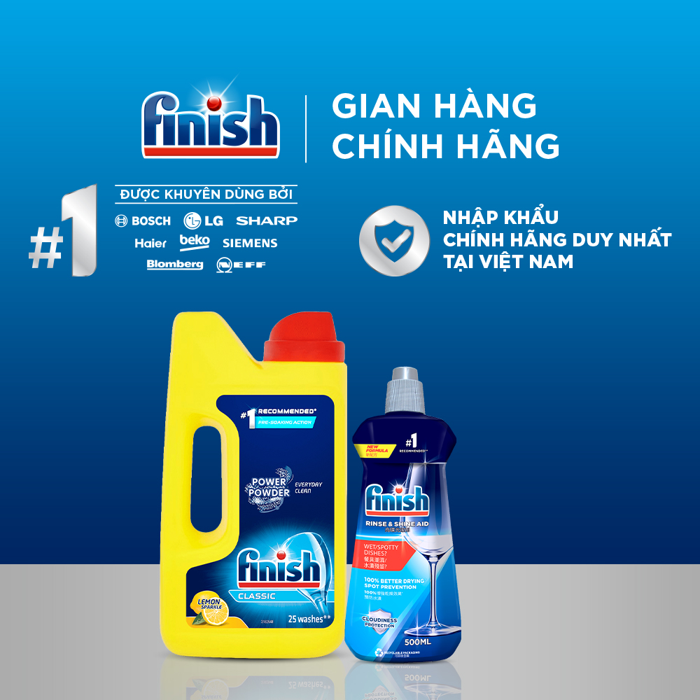 Combo 2 Cho Người Mới Bắt Đầu: Bột Rửa Chén Hương Chanh Lemon Classic Power Powder Lemon Sparkle 1Kg + Nước Làm Bóng Rinse &amp; Shine