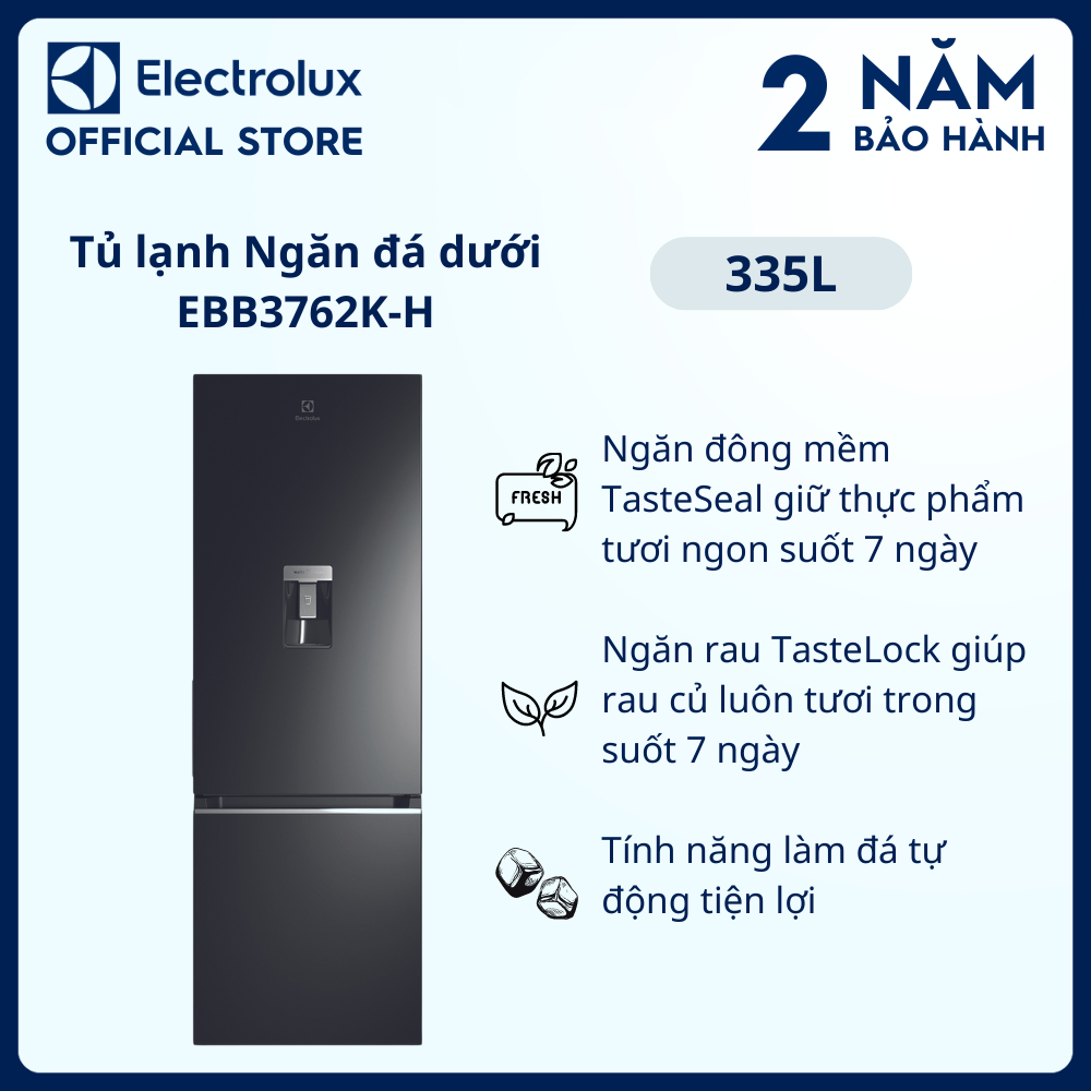 [Freeship] Tủ lạnh Electrolux Inverter ngăn đá dưới có ngăn đông mềm 335 lít - EBB3762K-H - Tính năng lấy nước bên ngoài, khử mùi diệt khuẩn, làm đá tự động [Hàng chính hãng]