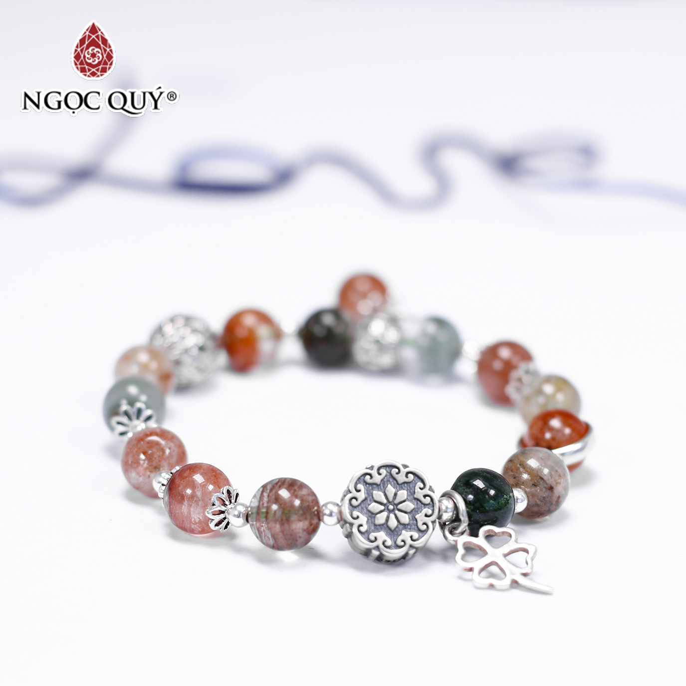 Vòng tay đá ưu linh đa sắc phối charm bạc size hạt 9mm - Ngọc Quý Gemstones