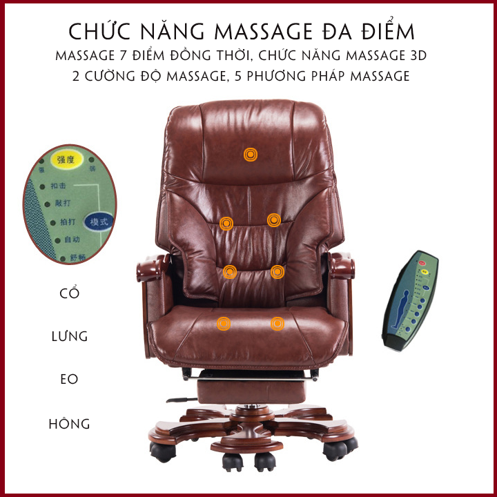 Ghế Giám Đốc Da Bò Kèm Massage Lưng Ngả Lưng 90 độ - Ghế Làm Việc Có Massage Đa Năng Ghế Văn Phòng Cao Cấp Tay Ốp Gỗ