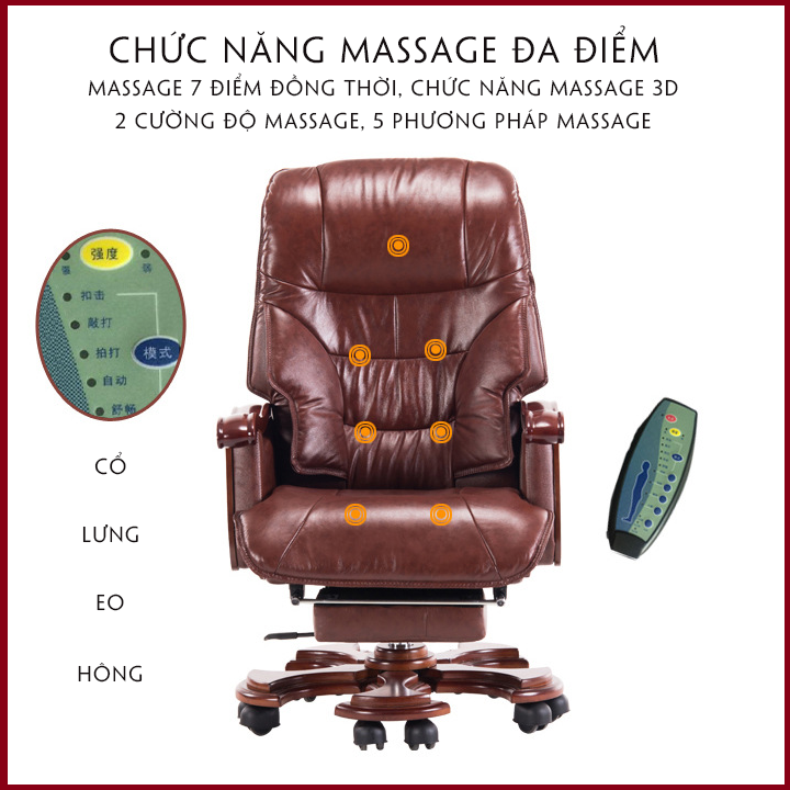 Ghế Da Văn Phòng Cao Cấp. Ghế Chủ Tịch - Ghế Boss Massage Lưng 7 Điểm - Có Gác Chân. Tay Ốp Gỗ Sang Trọng, Hiện Đại