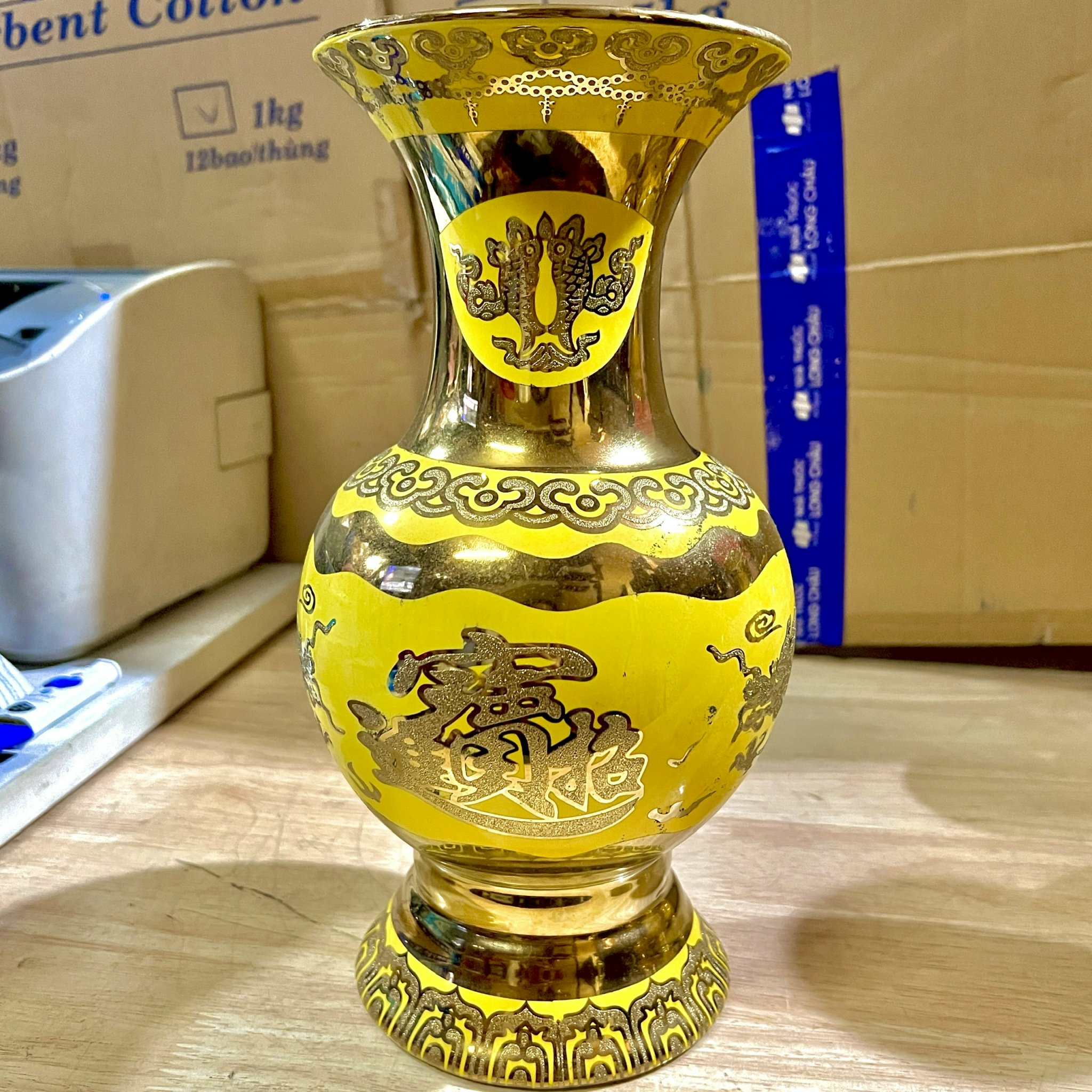 Bình bông sứ màu vàng 3D cao cấp, bình cắm hoa cao 30cm