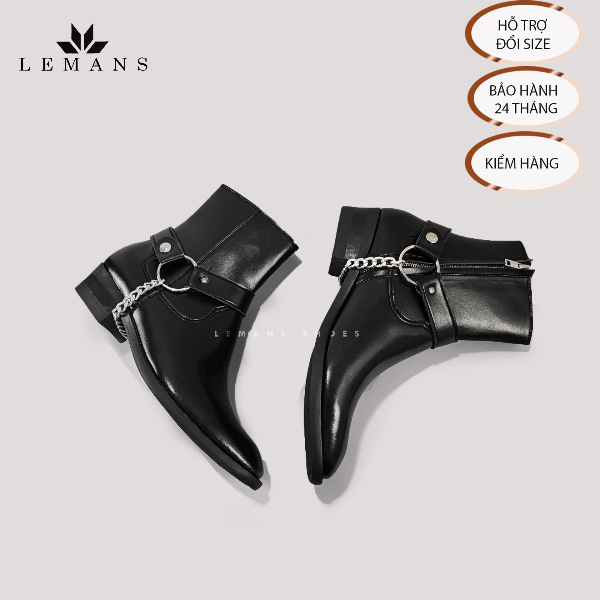Giày da bò Zip Boots Black LeMans ZB01B, phối đai xích tạo thành 3 đôi Harness, bảo hành 24 tháng