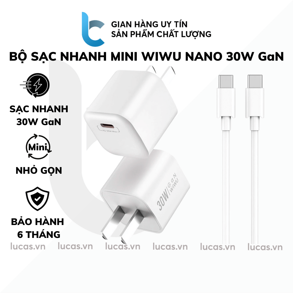 Bộ Sạc Nhanh IPHONE WIWU Nano 30W GaN Mini WI-U006, Sạc Type-C Thích Hợp Cho IPHONE 15/ 15 Pro/ Pro Max Tablet - Hàng Chính Hãng