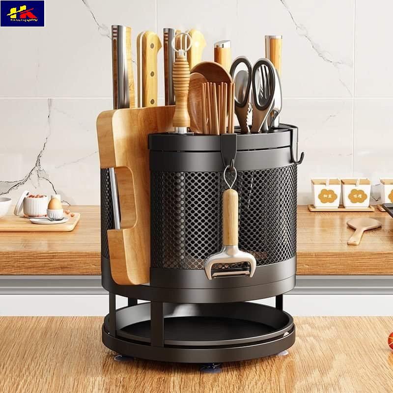 Kệ để dao thớt tròn, Giá đựng đồ đa năng xoay 360 độ chất liệu thép không gỉ - Hồng Kỳ