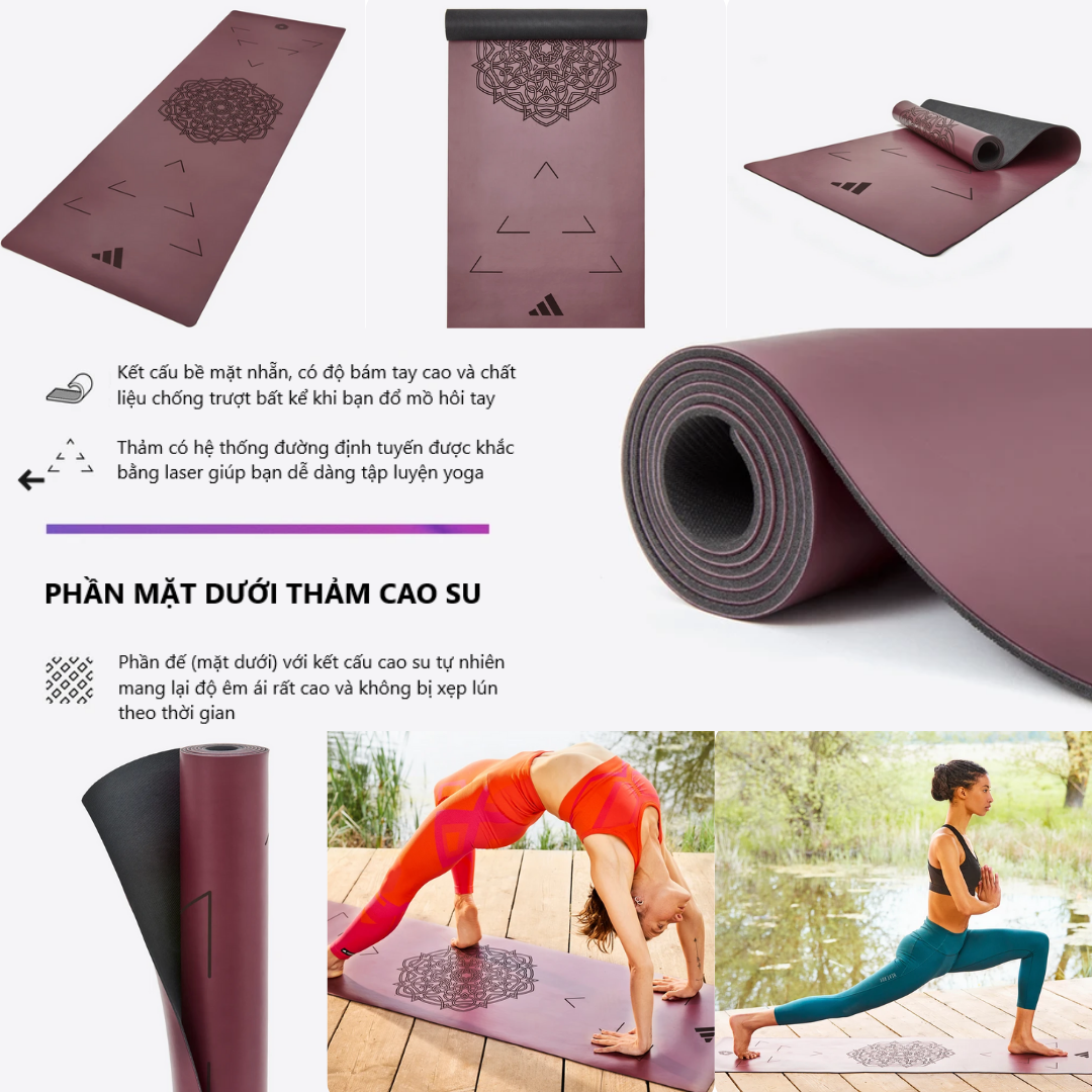 Thảm Yoga Cao su PU thiên nhiên 4mm ADIDAS ADYG-10820VC Độ bám tay tốt, Chống trơn trượt khi ra mồ hôi - Hàng Chính Hãng