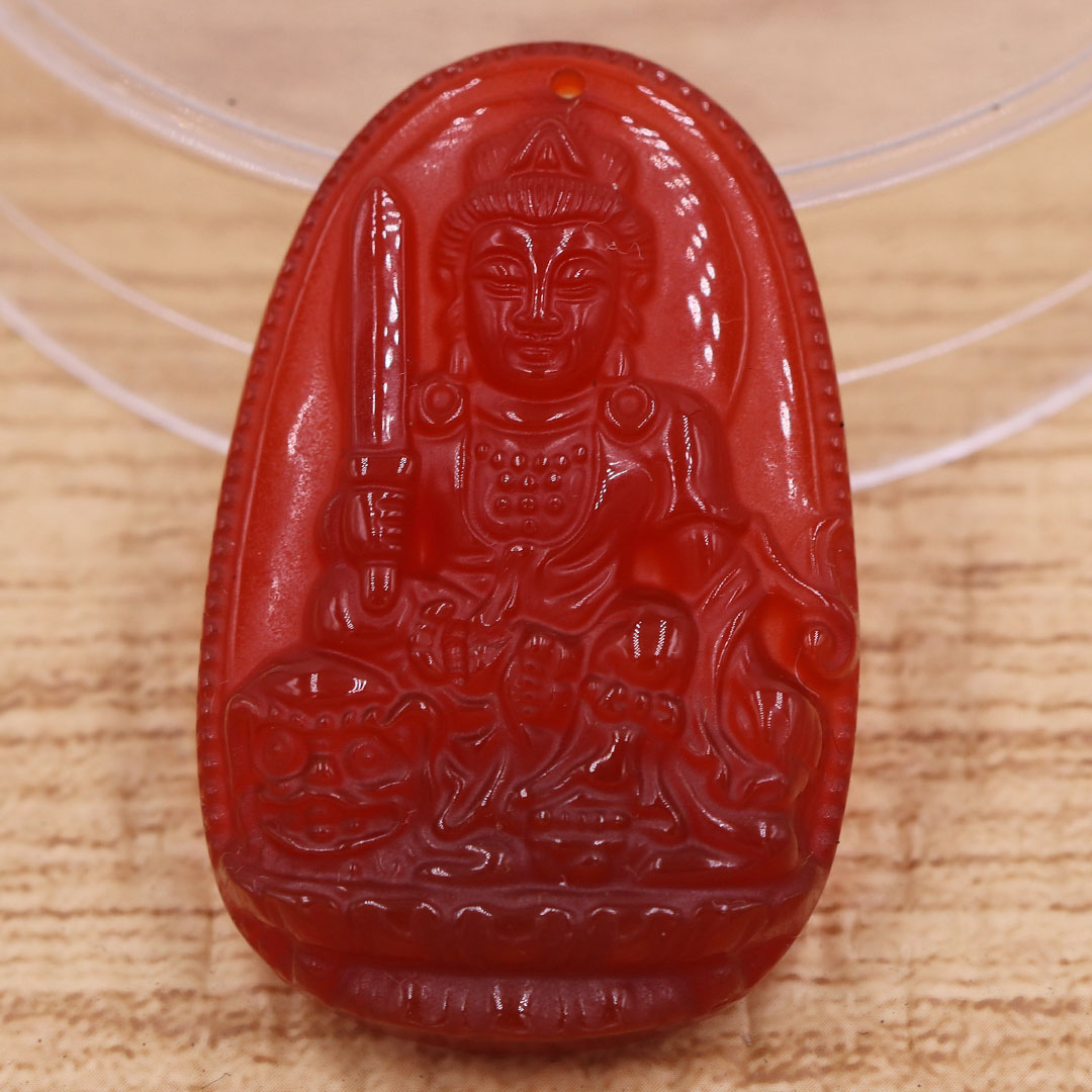 Mặt dây chuyền Văn thù bồ tát mã não đỏ 3.6 cm kèm dây chuyền inox vàng, Phật bản mệnh, mặt dây chuyền phong thủy