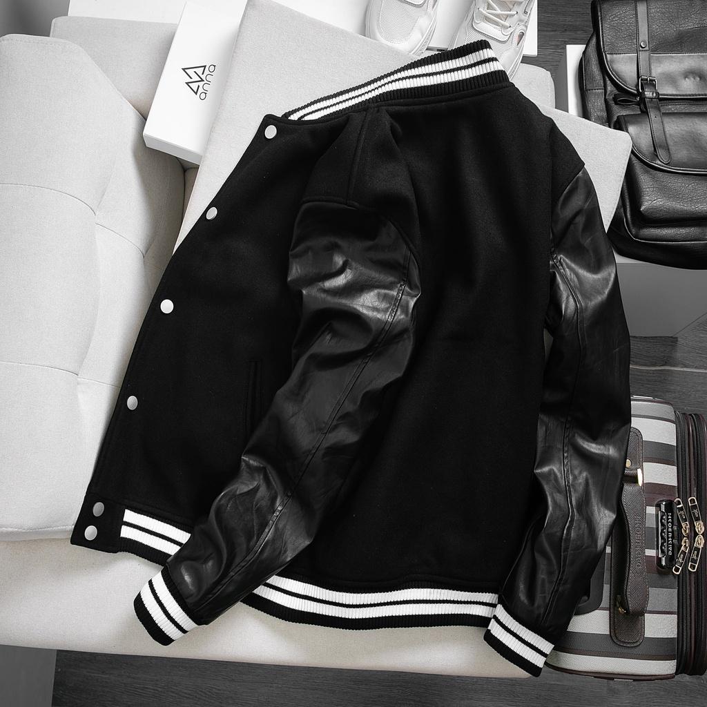Áo Khoác Varsity Dạ Lông Cừu Phối Tay Da HUTTON