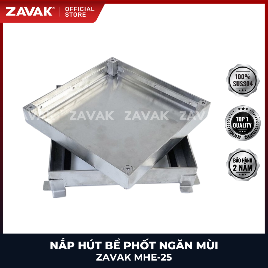 Nắp bể phốt Zavak MHE-25 KT25x25cm, chống nước, chống mùi, lát đá dày 2 cm chịu tải 1 tấn, inox 304