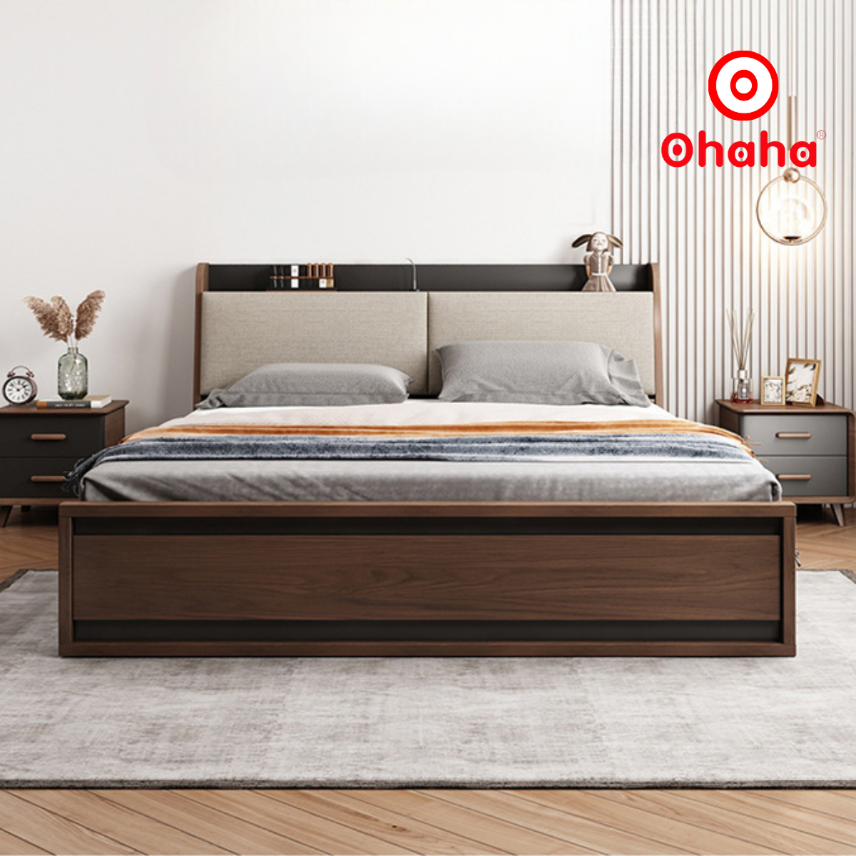 [Miễn phí vận chuyển &amp; lắp đặt] Giường ngủ thông minh cao cấp bọc nệm đầu giường gỗ công nghiệp Nâu Walnur Ohaha - GN010