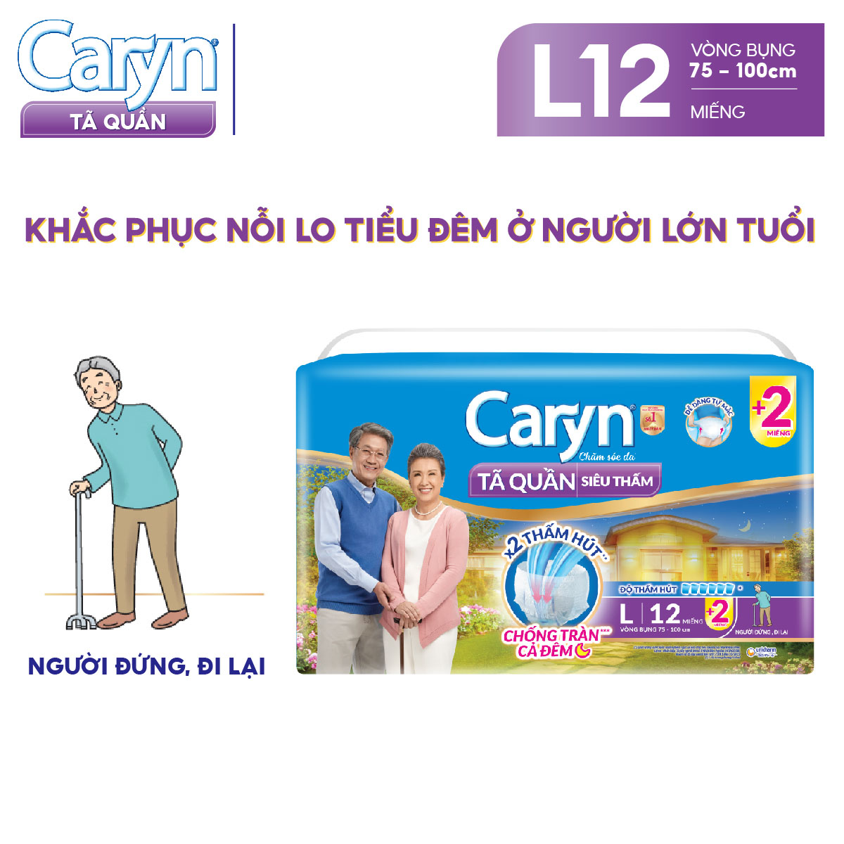 [TẶNG KÈM 2 MIẾNG] Tã/Bỉm Quần Người Lớn Caryn siêu thấm dành Cho Người Già đứng và đi lại được cần người trợ giúp Size L 12 miếng