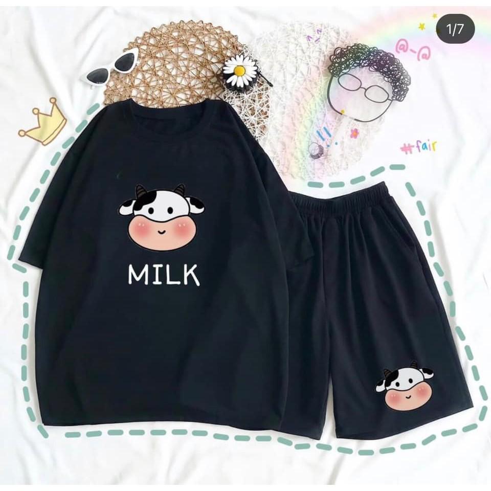 Sét Áo Thun Ngắn Tay Bò Sữa Milk Chất Đẹp + Quần Đùi Đen Ống Rộng Logo Sét Đồ Bộ Nam Nữ Unisex Freesize