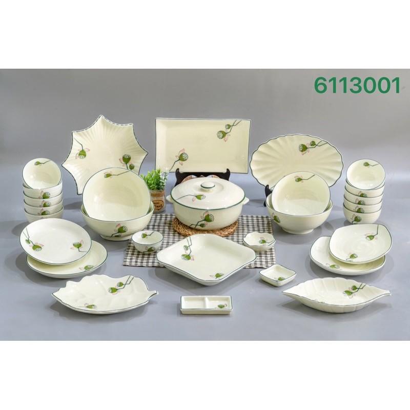 Set bộ bát đĩa họa tiết hoa- đài sen. Gốm sứ Bát Tràng.