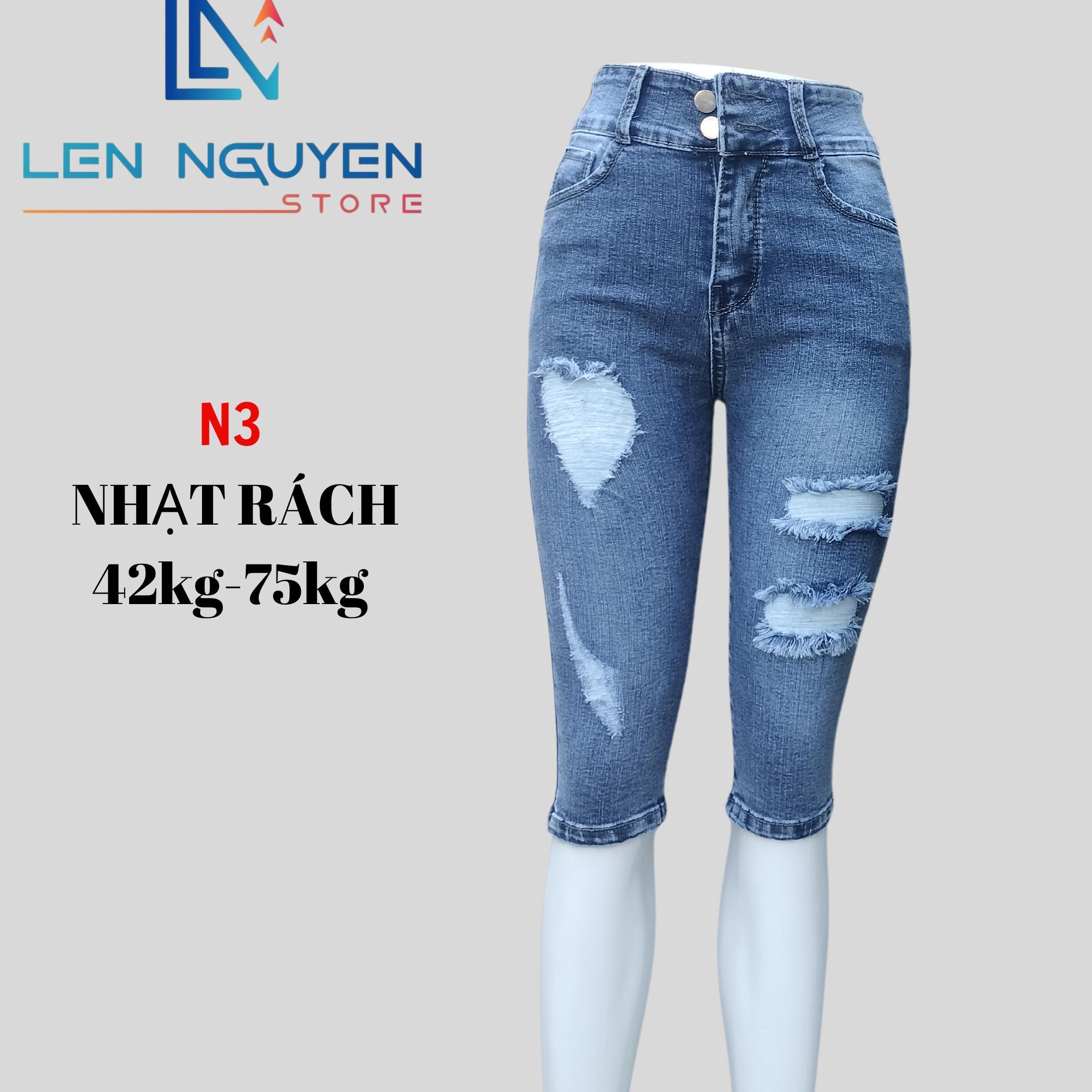 N3 7 tất Quần Jean Nữ Ngố, Quần Bò Nữ Lưng Cao 2 Nút Vải Cao Cấp Co Giãn, Mềm Mịn Pants Women - Nhạt Rách, Nhạt Rách