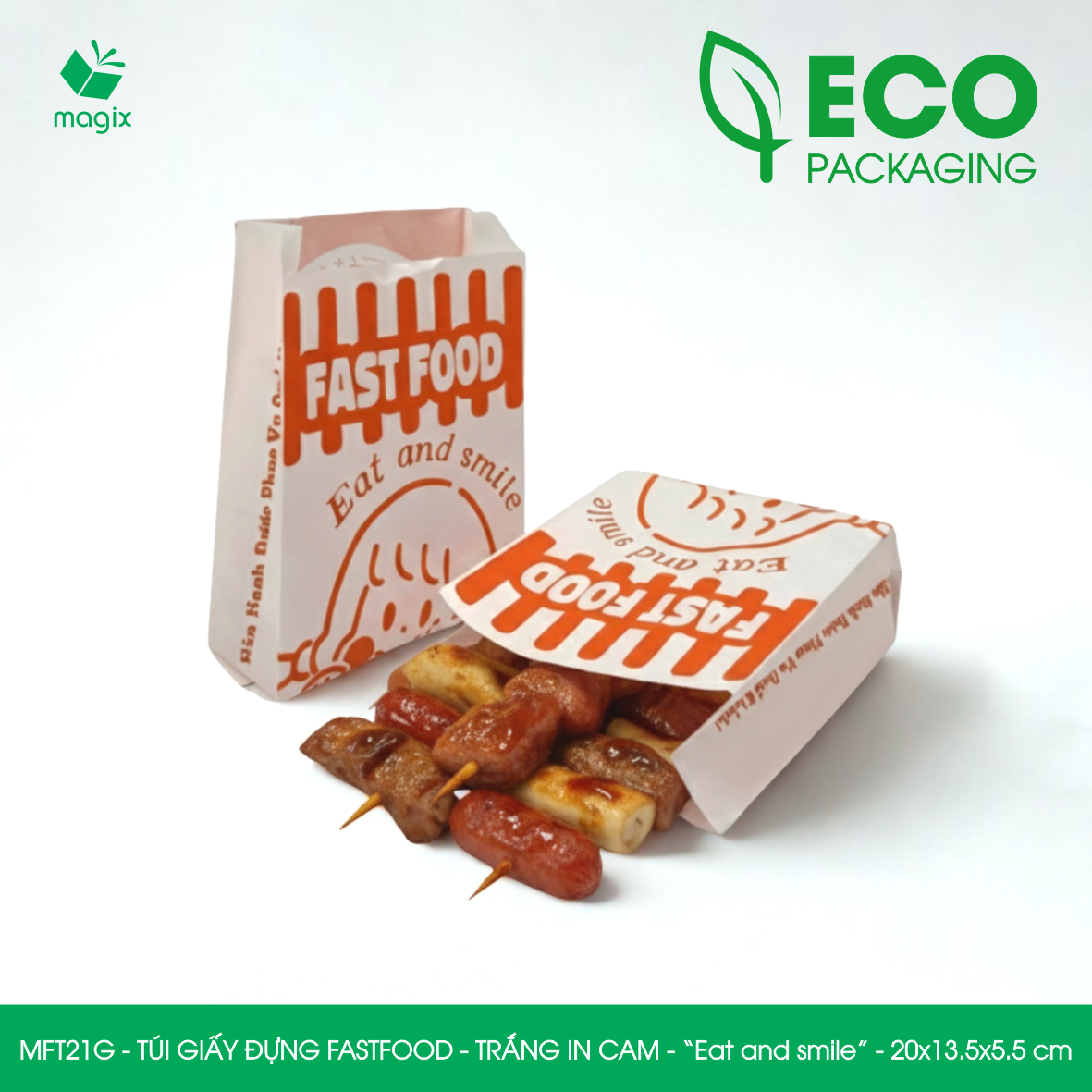 MFT21G - 20x13.5x5.5 cm - 500 Túi giấy MG đựng fastfood, túi đựng thực phẩm