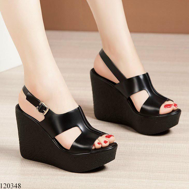 Giày sandal đế xuồng nữ 10cm,giày xăng-đan da quai chéo ngang cao 10 phân màu đen siêu nhẹ