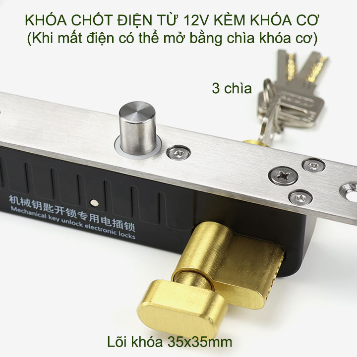 Chốt cửa điện từ thường khóa 12VDC có độ trễ 0-3-6-9 giây, loại 5 dây có kèm cả khóa cơ (mất điện mở bằng chìa khóa cơ)