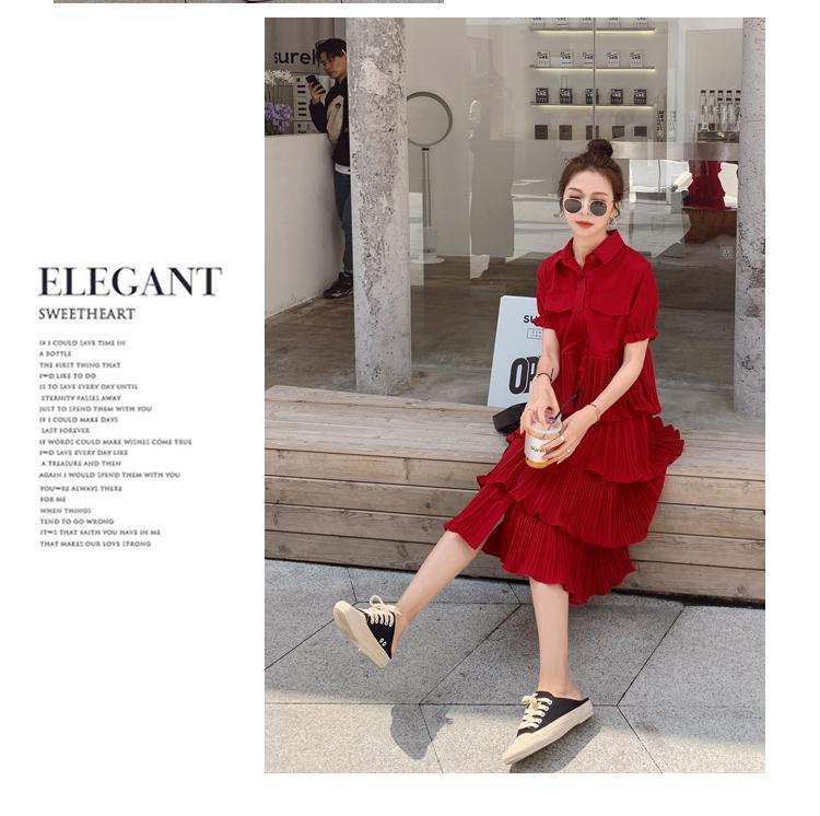 SHUANGYAN Blue Sea Yueno Fairy Mori Dress Platterone váy mối tình đầu màu đỏ 2023 mùa hè khí chất bánh váy chiffon đầm