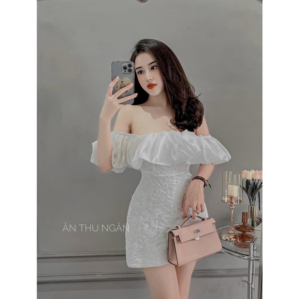 Đầm váy nữ xòe bèo trễ vái 2 màu thanh lịch phối gấm tôn dáng ( có mút ngực ) thời trang dự tiệc, dạo phố Hàn Quốc