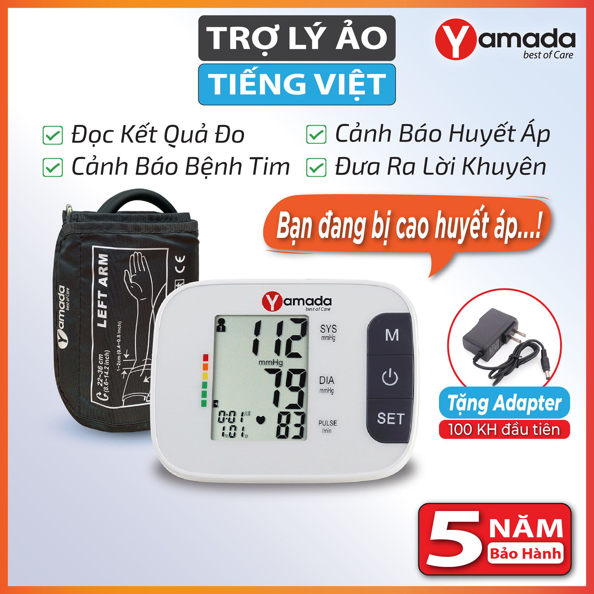 Máy đo huyết áp bắp tay điện tử Yamada - trợ lý ảo Assistant+ giọng nói tiếng Việt thông minh, đọc kết quả, cảnh báo nhịp tim Heart Link, đo chính xác, thiết kế cao cấp