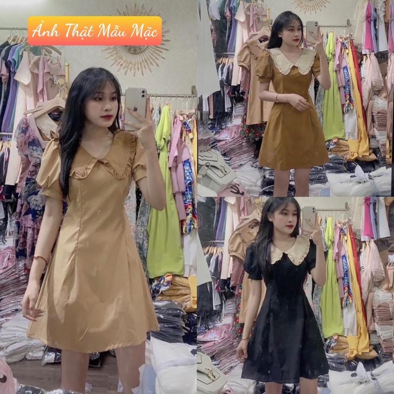 Váy Cổ Sen Bèo 3 Màu Tay Cộc, Đầm Dáng Suông Tay Bồng Cổ Bèo Siêu Xinh Có Ảnh Thật Kèm Video