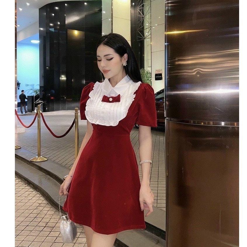Váy đầm nữ mini dáng xòe cổ bẻ phối bèo đính nơ xinh xắn cực hót