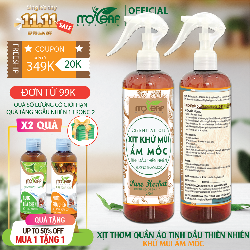 Xịt THƠM QUẦN ÁO Moleaf – Tinh Dầu Sen Trắng, Hoa Lài, Phong Lữ, Hoa Cam, Hoa Anh Đào, Bạc Hà, Vỏ Bưởi, Cam Ngọt, Gỗ Đàn Hương, Tuyết Tùng khư mui âm môc, hương thơm nhe nhang thay thê nươc xa vai nước hoa 250ml – Xịt Khử Mùi Ẩm Mốc – Chai 250ml