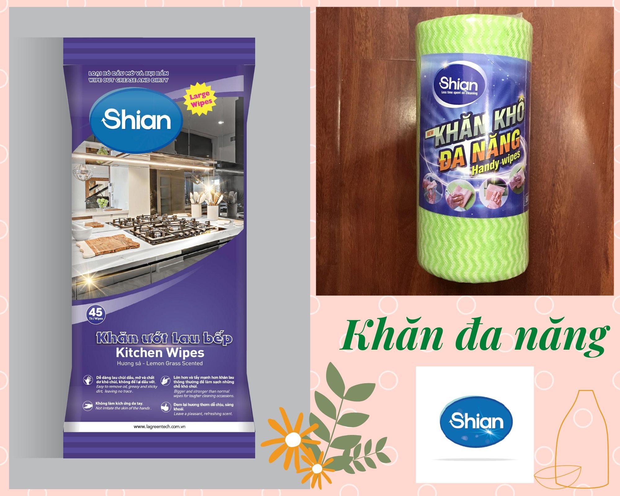 Khăn ướt lau bếp đa năng SHIAN Hương Sả Cao Cấp, đánh bay dầu mỡ nhanh chóng, dịu nhẹ với da tay - Gói Lớn 45 tờ