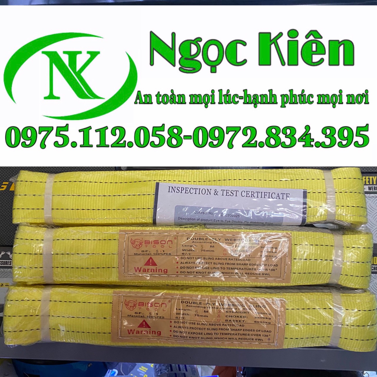 Dây Cáp Vải Cẩu Hàng 3 tấn dài 2 mét Bản dẹp 2 đầu mắt hệ số an toàn 5:1, Bản rộng 75mm