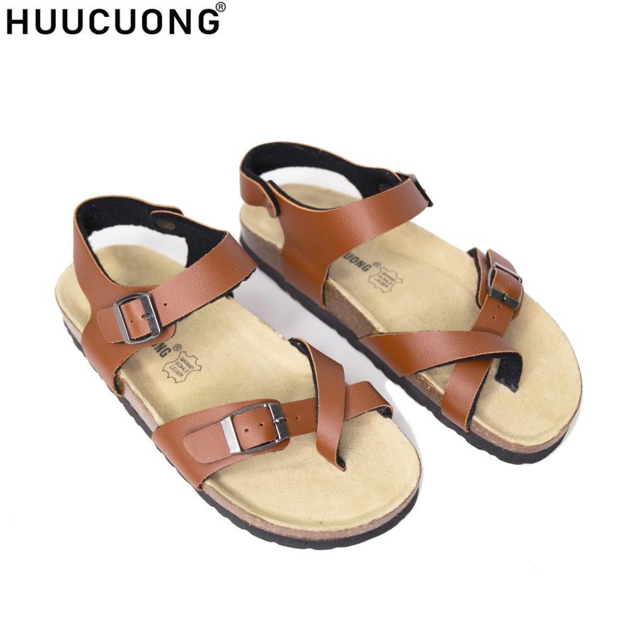 Sandal HuuCuong xỏ ngón pu nâu đế trấu