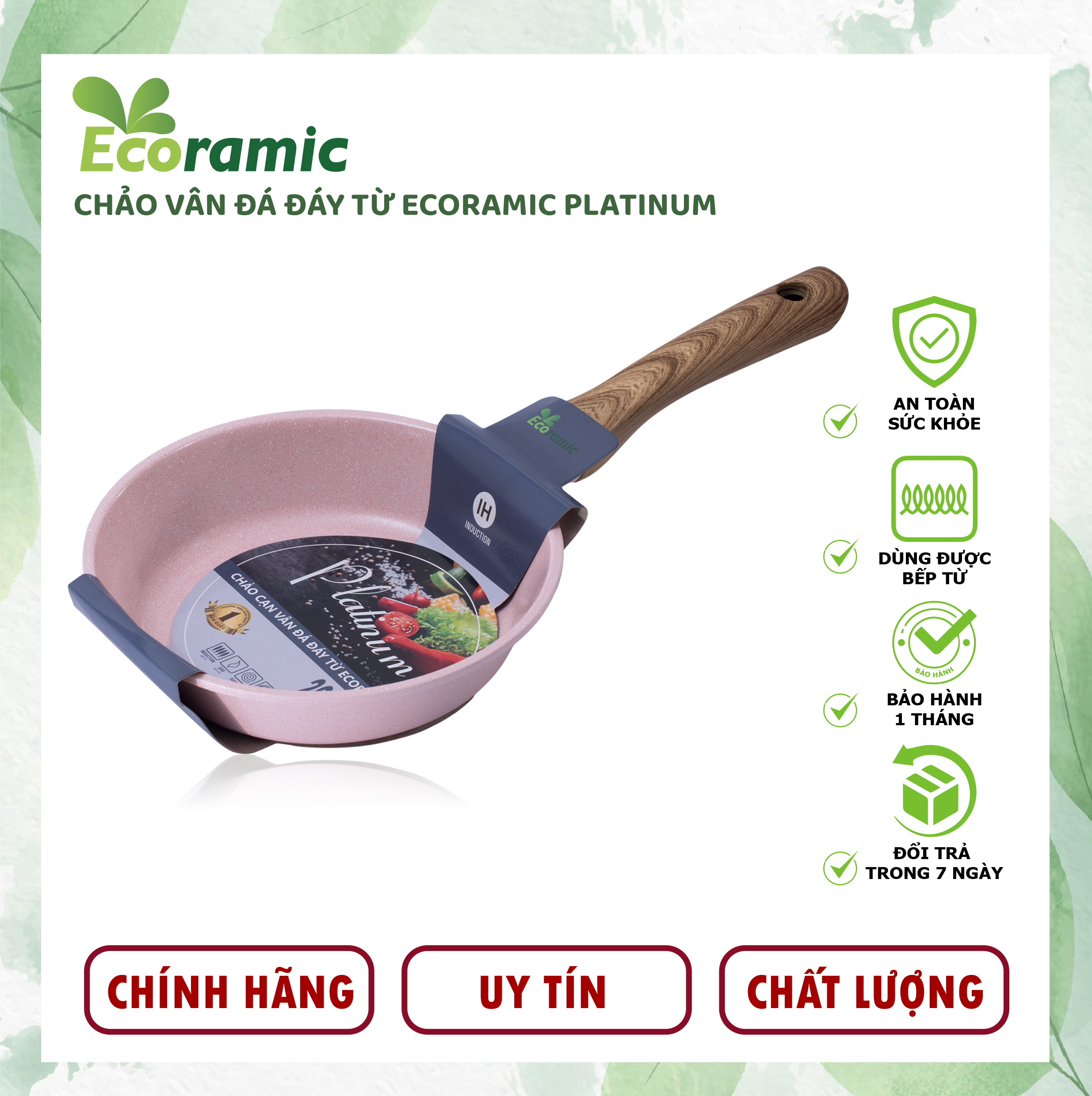 Chảo Chống Dính Ecoramic Platinum Vân Đá Cao Cấp Đáy Từ Chính Hãng, Siêu Bền, Dùng cho mọi loại bếp, Bảo hành 2 tháng