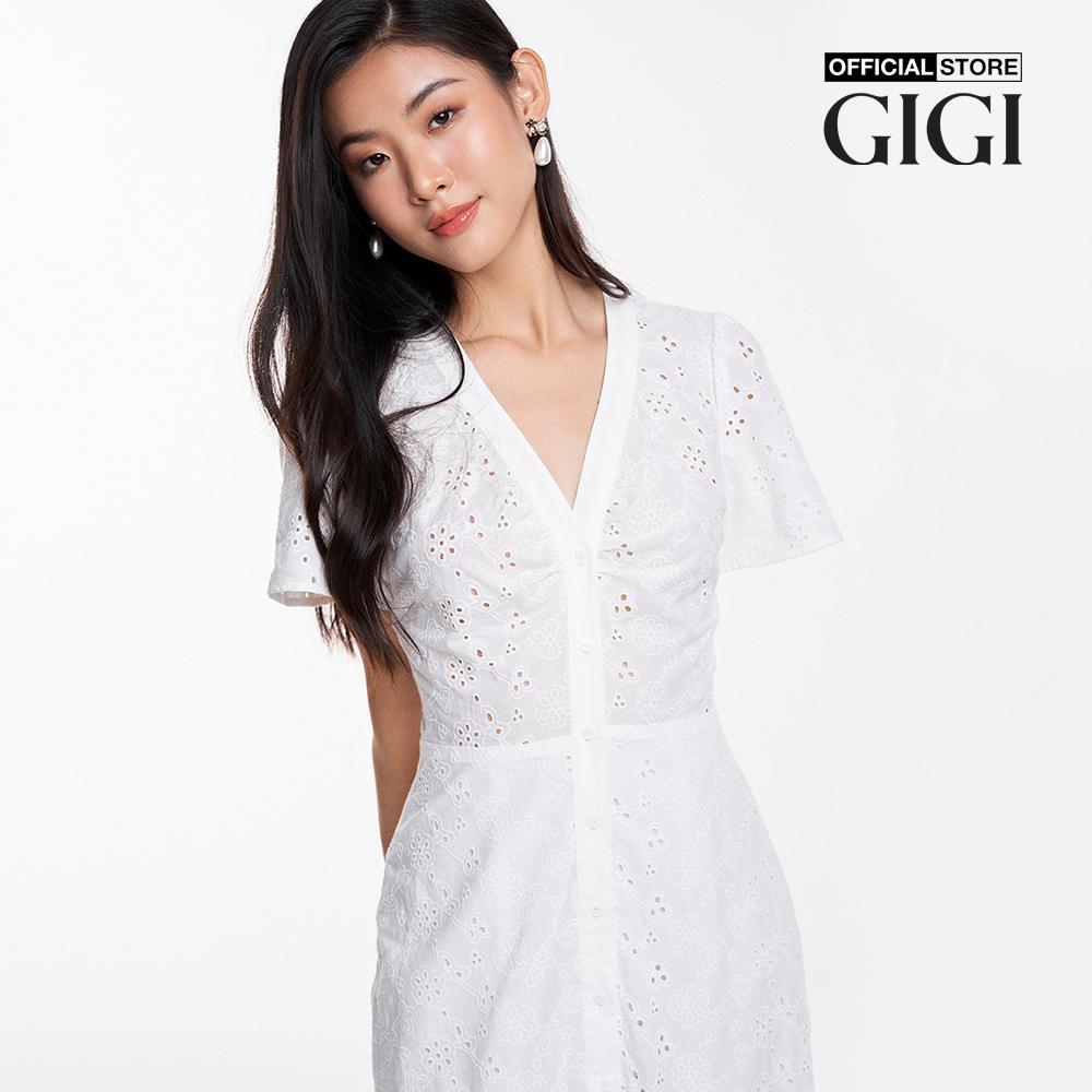 GIGI - Đầm xếp tầng midi cổ V tay ngắn phối nút hiện đại G2102D233185