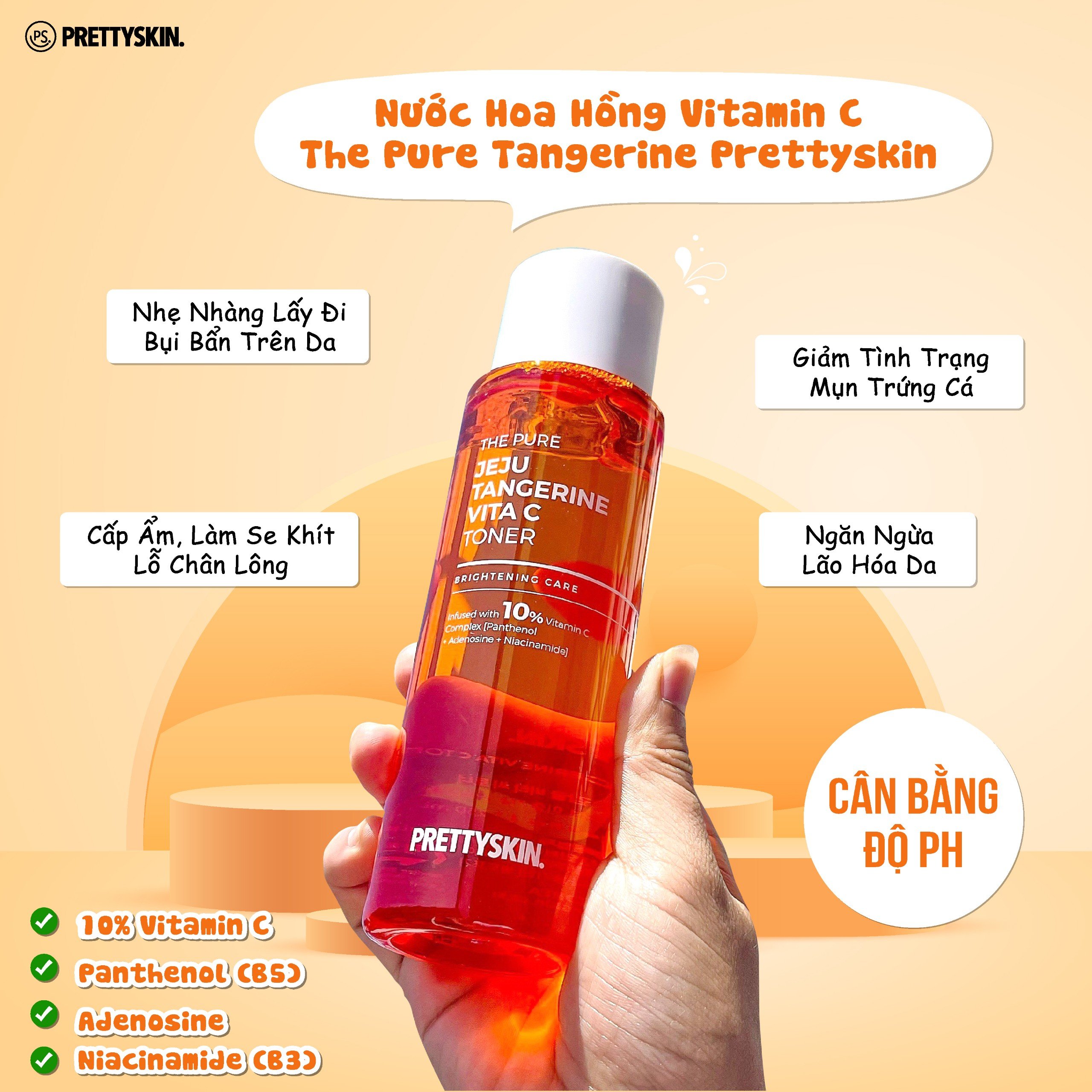 Nước hoa hồng dưỡng trắng, phục hồi da Vitamin C Prettyskin, Toner Pretty Skin The Pure Jeju Tangerine cấp ẩm làm dịu