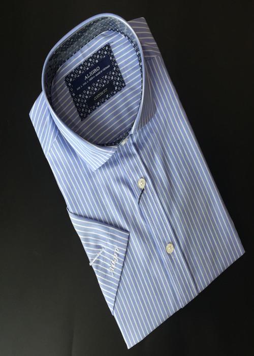 Hình ảnh Áo sơ mi nam ngắn tay ALIGRO kẻ xanh trắng chất liệu cotton tự nhiên cao cấp, vạt bằng, form custom sang trọng  ALGS-C93