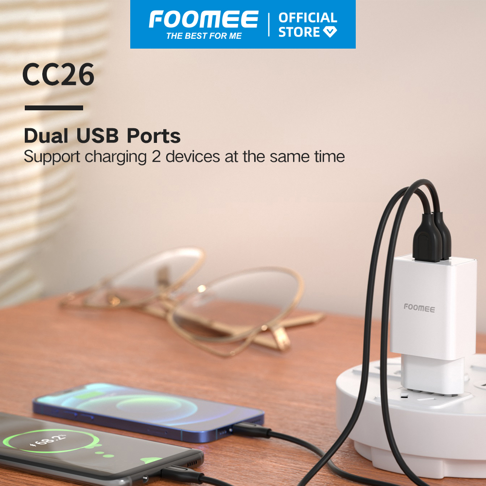 Củ sạc 2 cổng USB FOOMEE CC26 - Màu Trắng/Đen - Sạc An Toàn 2 Thiết Bị Cùng Lúc - Hàng chính hãng