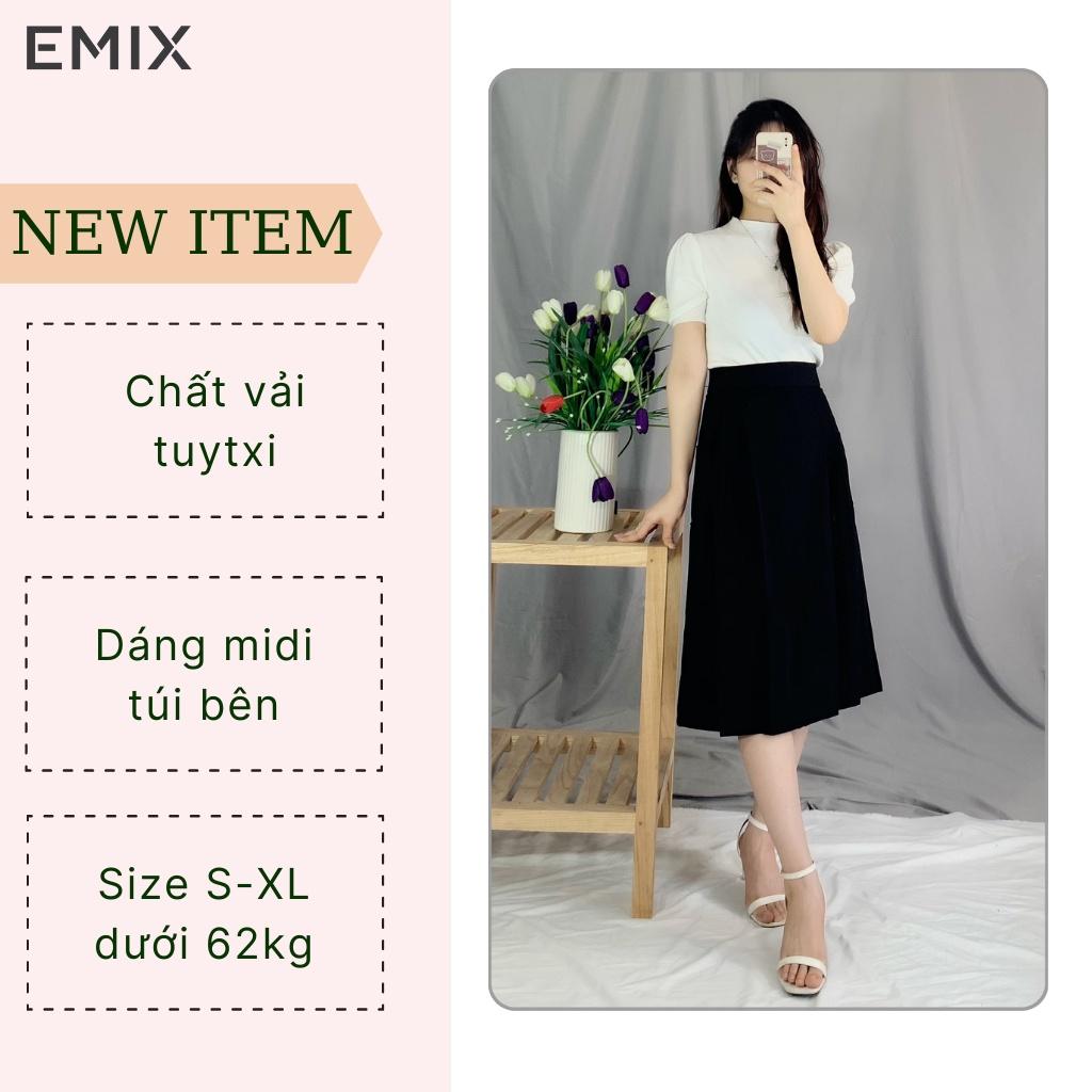 Chân váy midi xếp ly có túi 921 EMIX (màu đen), dáng dài, ulzzang, cạp cao, khóa sau, hai túi, vải tuytxi mềm nhẹ