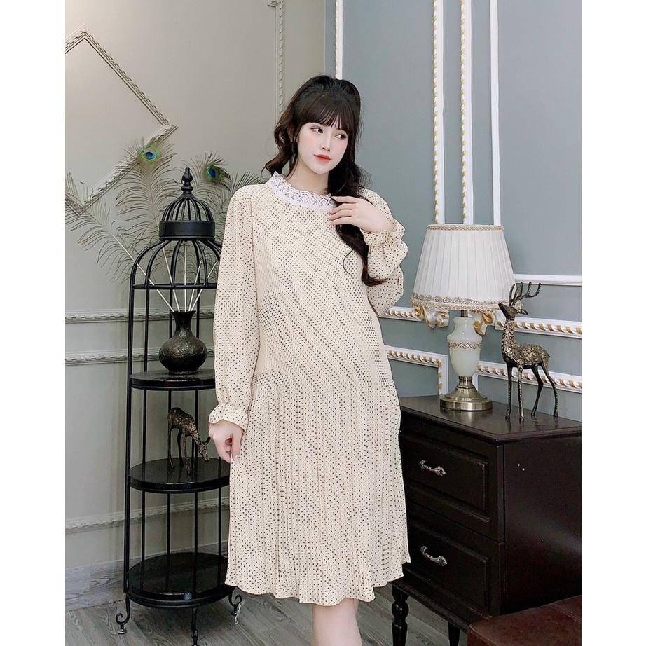 Váy bầu thu đông, đầm bầu dài tay thiết kế công sở Cao cấp, xếp ly dáng suông