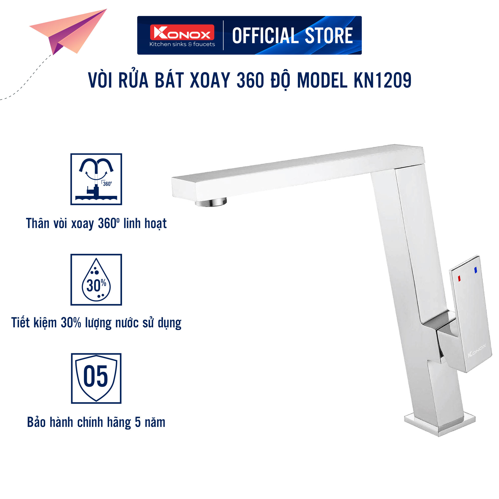 Vòi rửa bát Konox, Model KN1209 , Inox 304AISI tiêu chuẩn châu Âu, mạ PVD 5 lớp sáng bóng, Hàng chính hãng