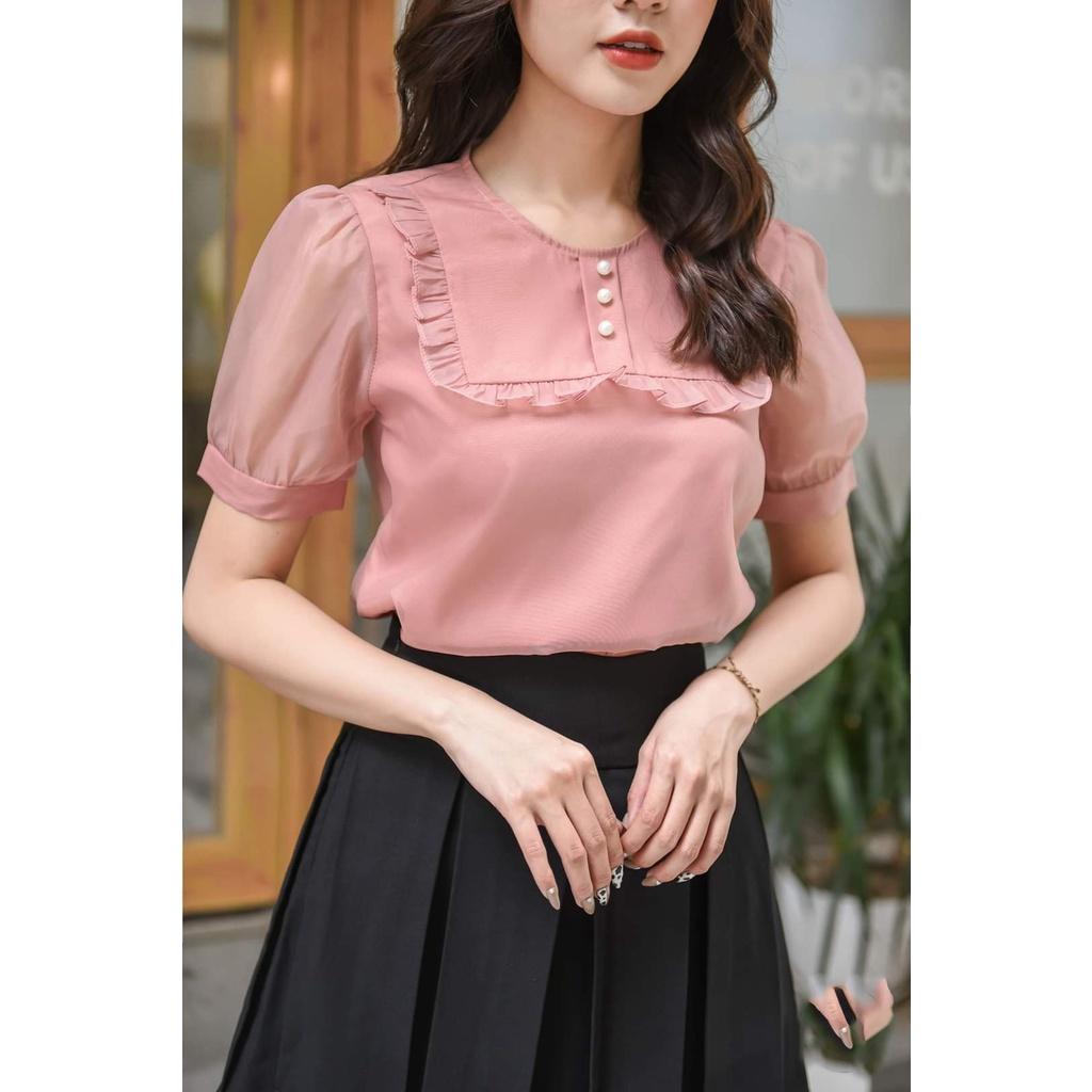 Áo sơ mi nữ công sở thời trang SURI cổ vuông ren ngực ngắn tay phong cách Hàn Quốc tay lưới -nữ tính.