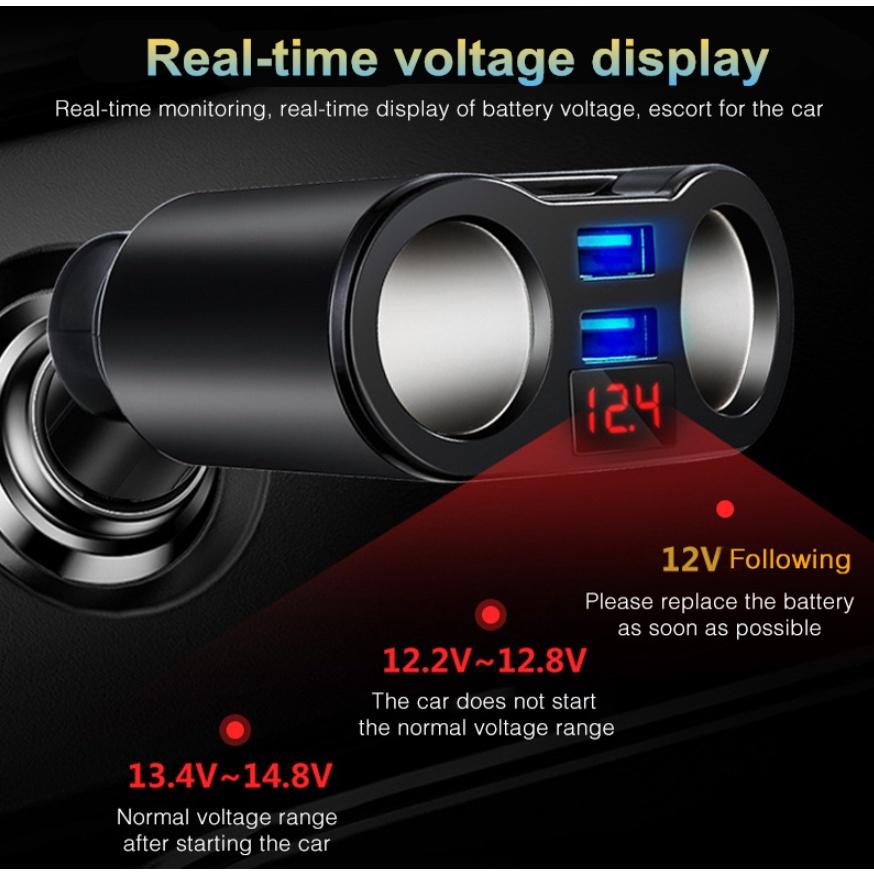 Tẩu Sạc Xe Hơi Hai Cổng USB & Bật Lửa Có Đèn LED Hiển Thị Điện Áp 5V 3.1A