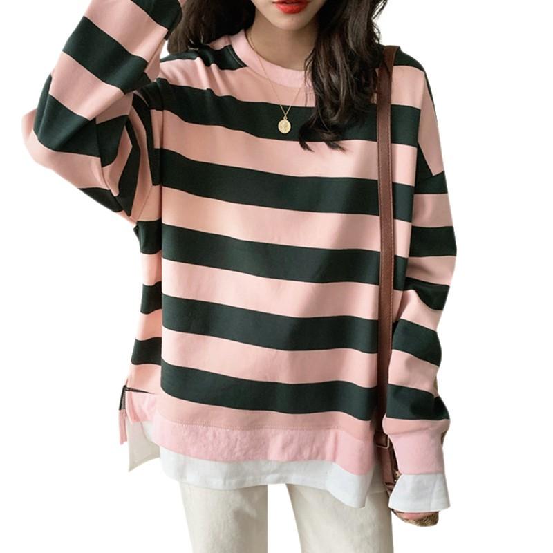 Áo thun dáng rộng tay dài phối hoạ tiết kẻ sọc