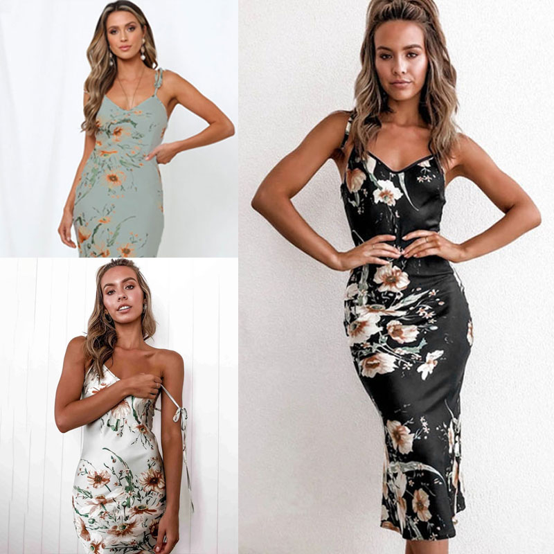 Sexy Women Floral Print Dress V Neck Straps Sleeveless Backless Bohemia Beach Vacation Dress
