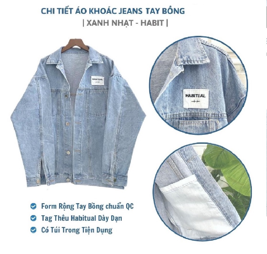 Áo Khoác Jeans Nữ Màu Xanh Nhạt Form Rộng Tay Bồng Có Tag Thêu