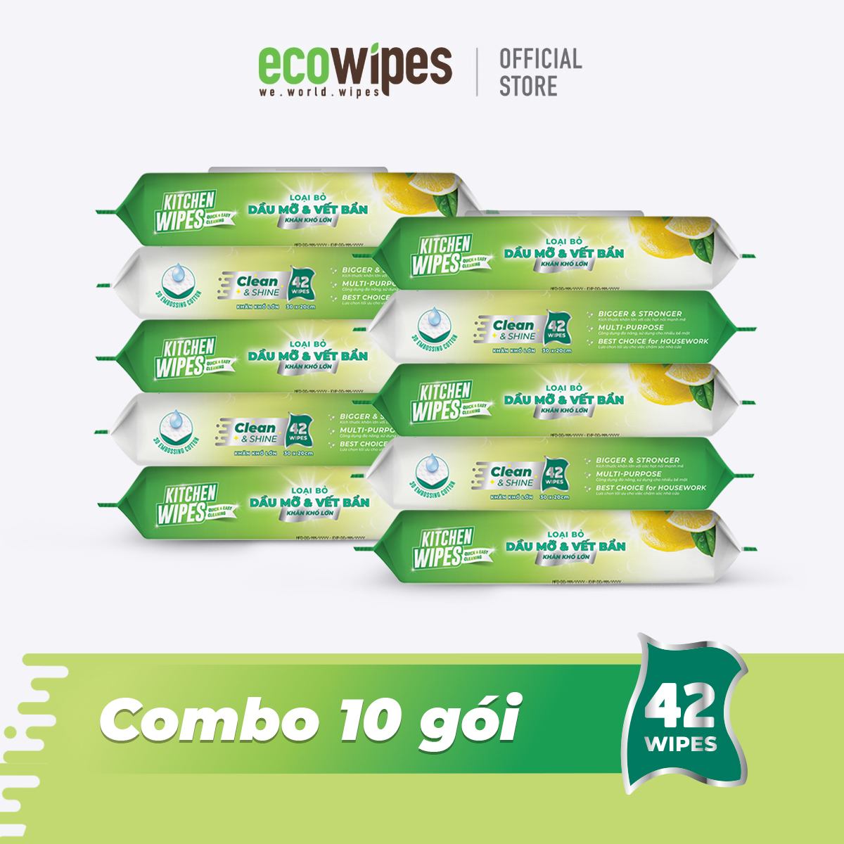 Combo 10 gói khăn giấy ướt lau bếp KitchenWipes gói 42 tờ size 30x20cm giúp làm sạch dầu mỡ các vết bẩn cứng đầu