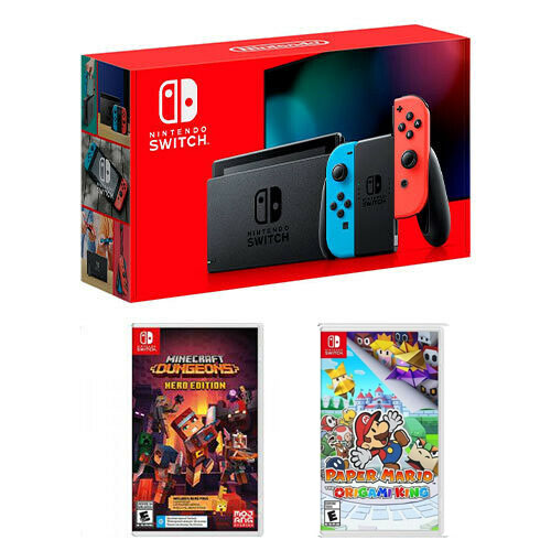 MÁY GAME NINTENDO SWITCH NEON BLUE KÈM GAME MINECRAFT DUNGEONS + PAPER MARIO: ORIGAMI KING- Hàng nhập khẩu