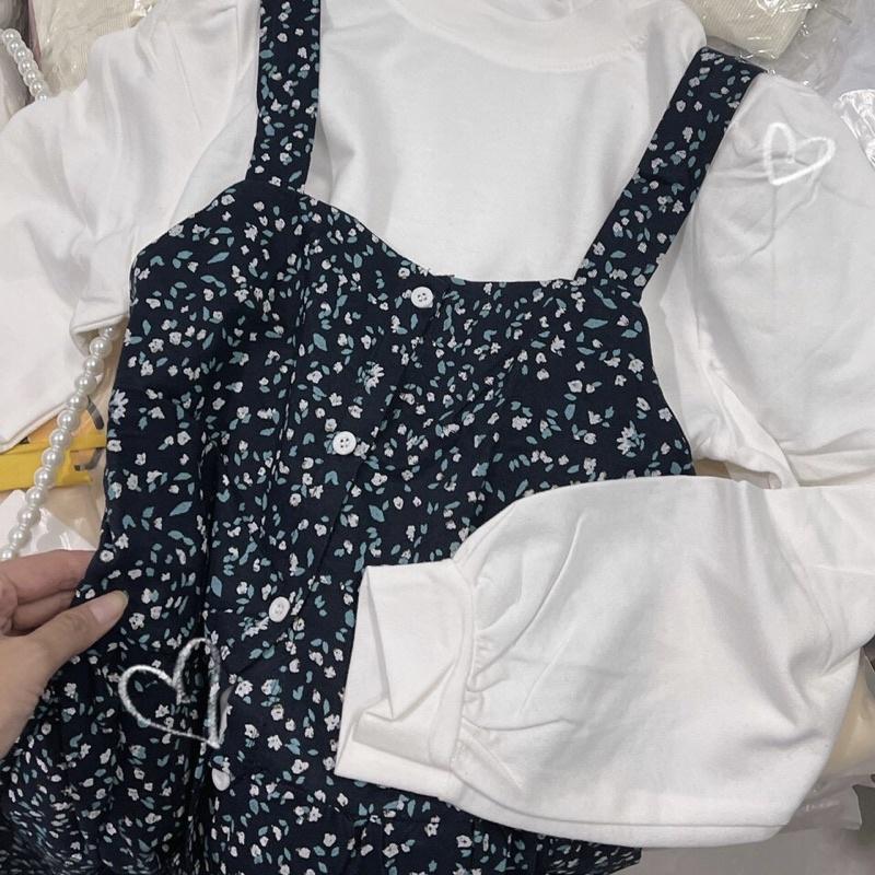 Sét Áo Tay Dài Mix Yếm Hoa Dày Dặn Yếm Dáng Dài Kiểu Vintage Siêu Xinhh