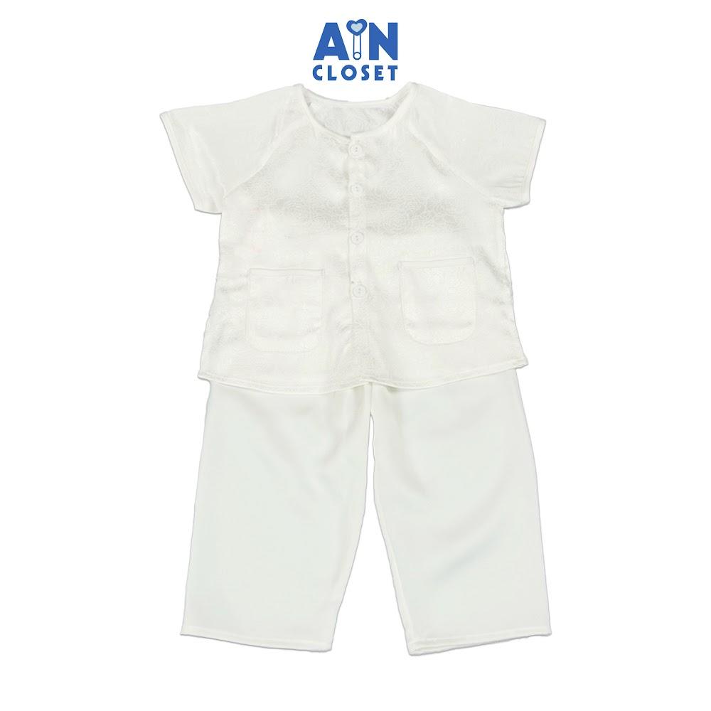 Bộ quần áo Bà Ba Dài tay ngắn bé gái họa tiết hoa Mẫu Đơn Trắng Gấm lụa - AICDBGLTWDJC - AIN Closet
