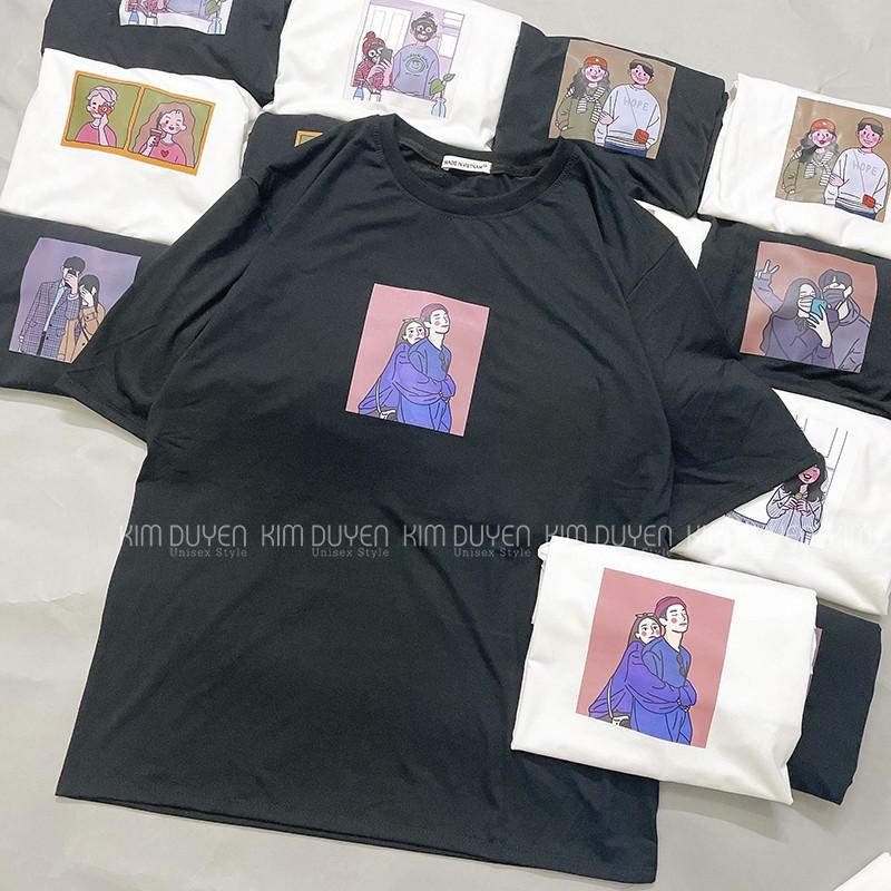 Áo Thun In Hình Couple Siêu Xinh - Áo thun tay lỡ form rộng Unisex 38-65kg Nam Nữ