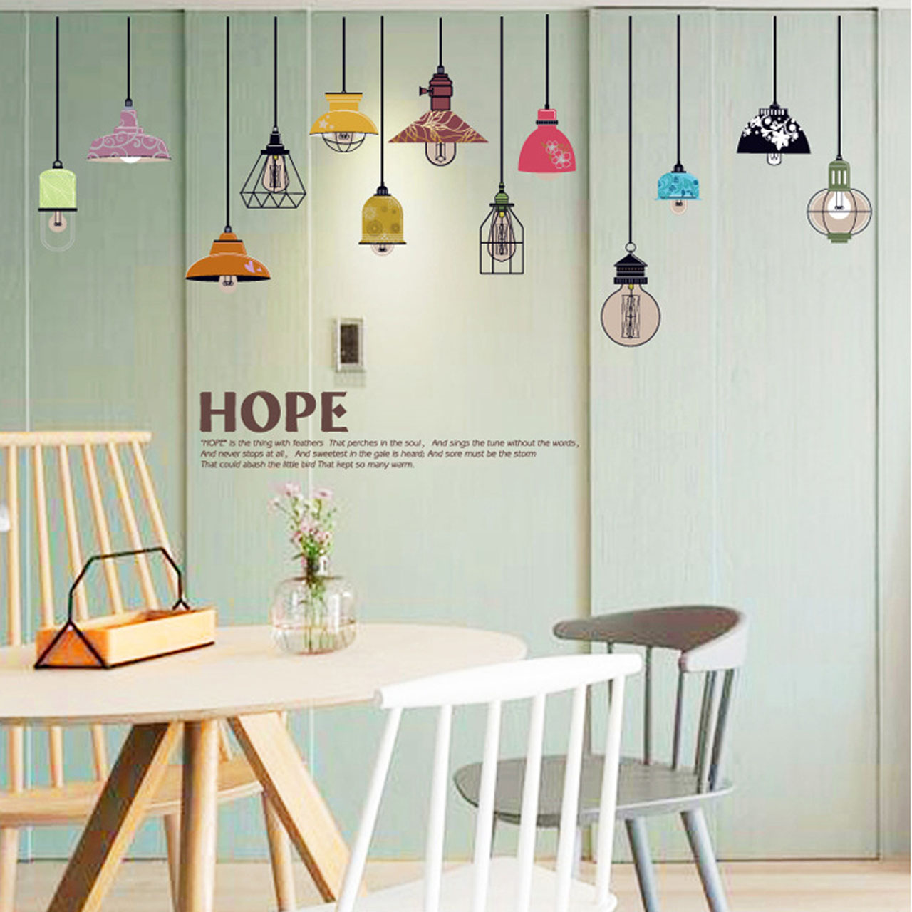 Decal dán tường trang trí quán cafe, phòng khách- Dây đèn treo chữ hope- mã sp SK9144