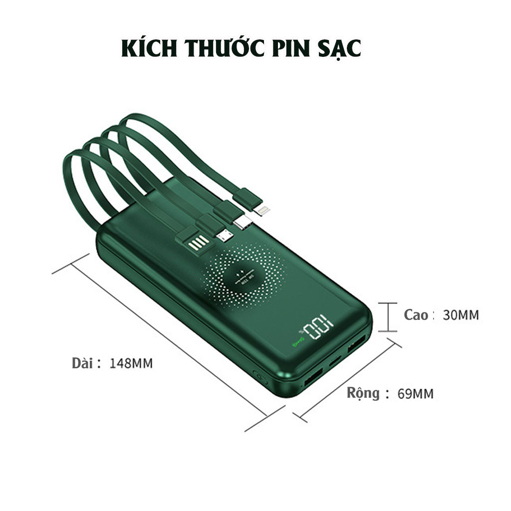 Pin sạc dự phòng Tích hợp sạc không dây HXSJ 10000mAh, Hỗ trợ sạc nhanh cổng usb 2.1A Kèm sẵn 4 đầu sạc cho các dòng điện thoại - Hàng chính hãng